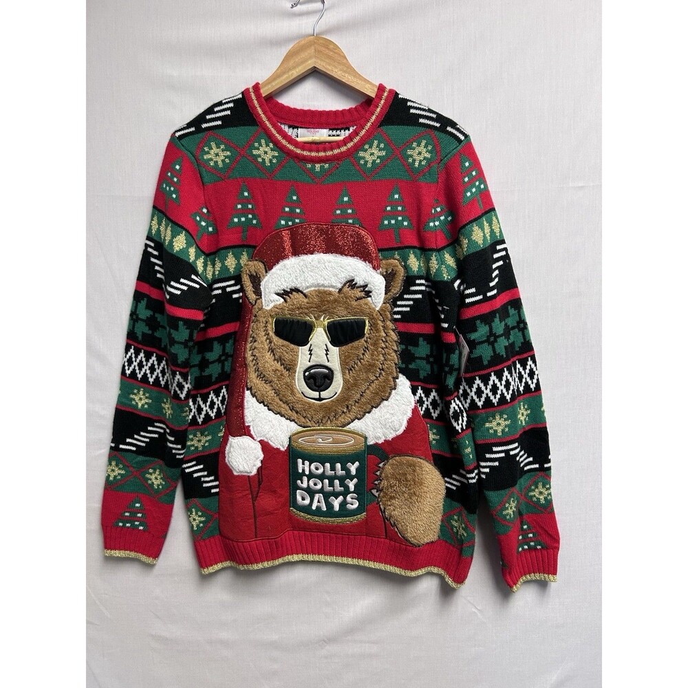 Holiday Time Ugly Christmas Sweater Brown Bear Holly Jolly Days Men’s Medium